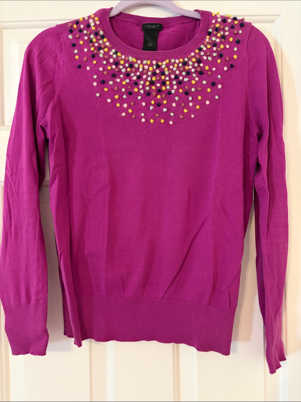 Ann Taylor Fuchsia Crewneck Sweater with Multicolor Detail